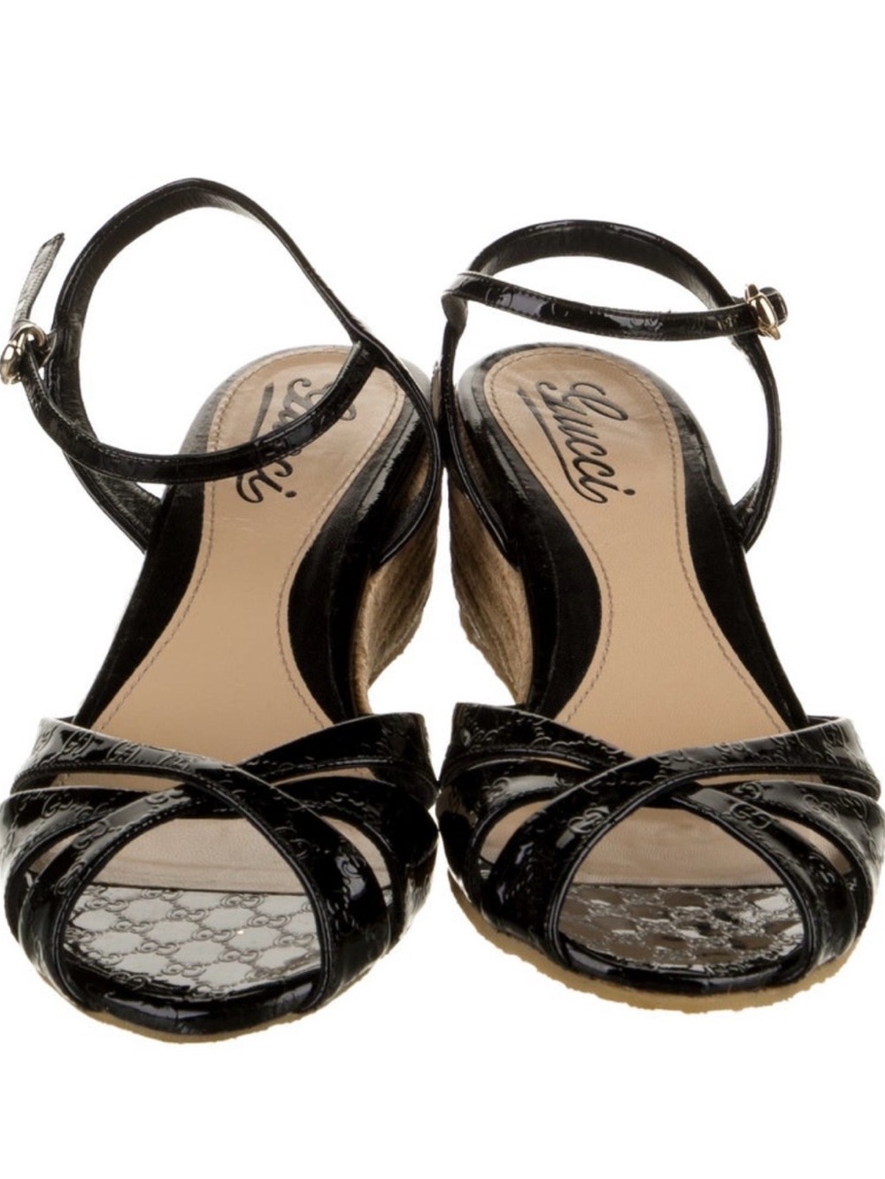 Gucci Black Patent Leather Espadrille Wedge Sandals used size 7